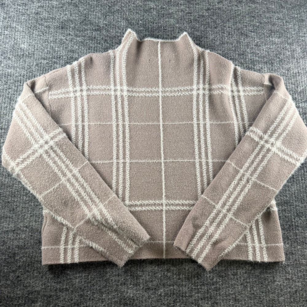 Tahari Womens Tan Plaid Fuzzy Mock Neck Sweater Size Large Windowpane Knit - Picture 6 of 8